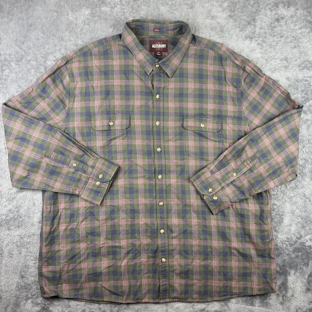 Alesbury Shirt Mens 3XL Green Blue Plaid‎ Long Sleeve Button Down Pockets Casual